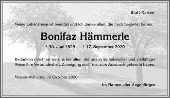 Traueranzeige von Bonifaz Hämmerle von Allgäuer Zeitung