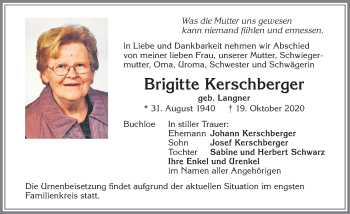 Traueranzeige von Brigitte Kerschberger von Allgäuer Zeitung, Kaufbeuren/Buchloe