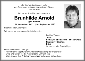 Traueranzeige von Brunhilde Arnold von Memminger Zeitung