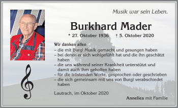 Traueranzeige von Burkhard Mader von Memminger Zeitung