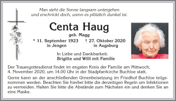 Traueranzeige von Centa Haug von Allgäuer Zeitung, Kaufbeuren/Buchloe