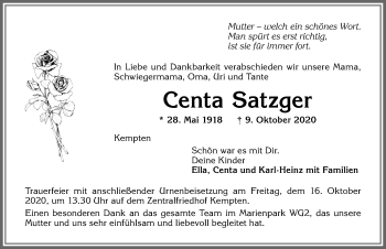 Traueranzeige von Centa Satzger von Allgäuer Zeitung,Kempten