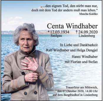 Traueranzeige von Centa Windhaber von Der Westallgäuer