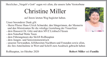 Traueranzeige von Christine Miller von Allgäuer Zeitung, Füssen