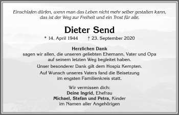Traueranzeige von Dieter Send von Allgäuer Zeitung,Kempten