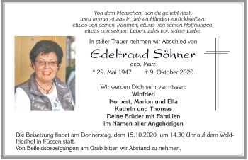 Traueranzeige von Edeltraud Söhner von Allgäuer Zeitung, Füssen