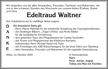 Traueranzeige von Edeltraud Waltner von Allgäuer Anzeigeblatt