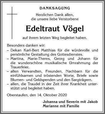 Traueranzeige von Edeltraut Vögel von Allgäuer Anzeigeblatt