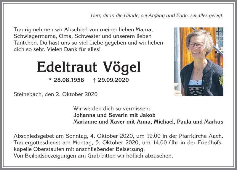  Traueranzeige für Edeltraut Vögel vom 02.10.2020 aus Allgäuer Anzeigeblatt