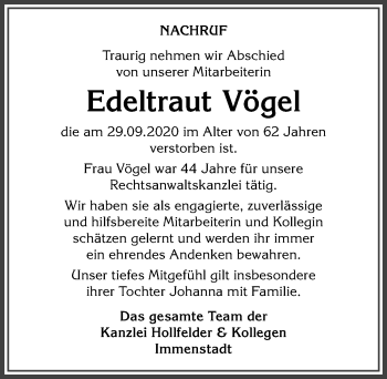 Traueranzeige von Edeltraut Vögel von Allgäuer Anzeigeblatt