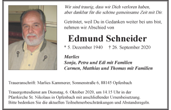 Traueranzeige von Edmund Schneider von Der Westallgäuer