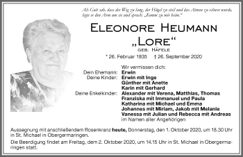 Traueranzeige von Eleonore Heumann von Allgäuer Zeitung, Kaufbeuren/Buchloe