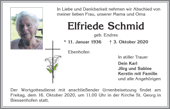 Traueranzeige von Elfriede Schmid von Allgäuer Zeitung, Marktoberdorf