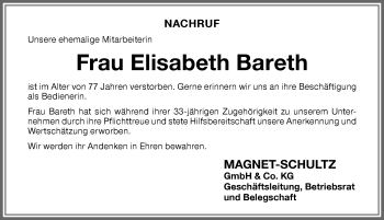 Traueranzeige von Elisabeth Bareth von Memminger Zeitung