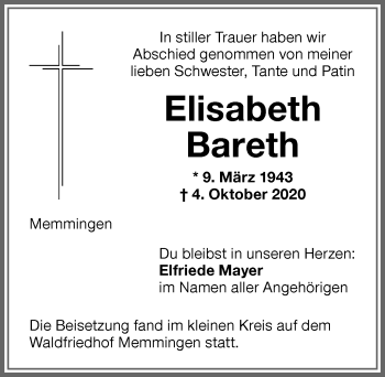 Traueranzeige von Elisabeth Bareth von Memminger Zeitung