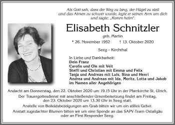 Traueranzeige von Elisabeth Schnitzler von Allgäuer Zeitung, Füssen
