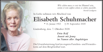 Traueranzeige von Elisabeth Schuhmacher von Der Westallgäuer