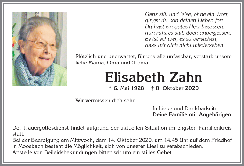 Traueranzeige für Elisabeth Zahn vom 13.10.2020 aus Allgäuer Zeitung,Kempten