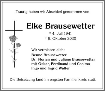 Traueranzeige von Elke Brausewetter von Allgäuer Zeitung,Kempten