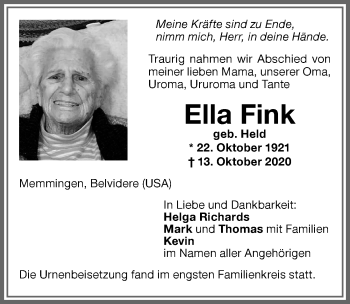 Traueranzeige von Ella Fink von Memminger Zeitung