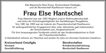 Traueranzeige von Else Hantschel von Allgäuer Zeitung, Kaufbeuren/Buchloe