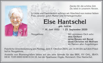 Traueranzeige von Else Hantschel von Allgäuer Zeitung, Kaufbeuren/Buchloe