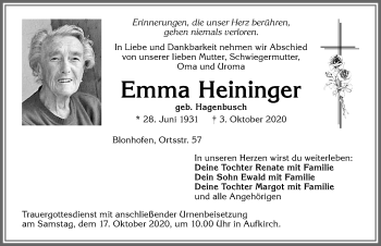 Traueranzeige von Emma Heininger von Allgäuer Zeitung, Kaufbeuren/Buchloe