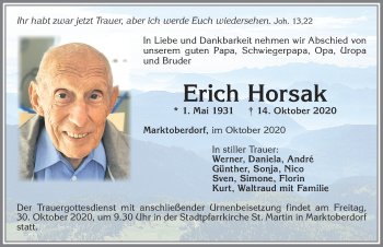 Traueranzeige von Erich Horsak von Allgäuer Zeitung, Marktoberdorf
