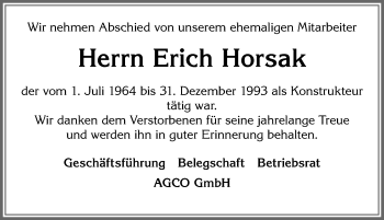 Traueranzeige von Erich Horsak von Allgäuer Zeitung, Marktoberdorf