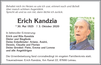 Traueranzeige von Erich Kandzia von Allgäuer Zeitung, Kaufbeuren/Buchloe