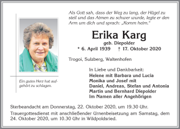 Traueranzeige von Erika Karg von Allgäuer Zeitung,Kempten