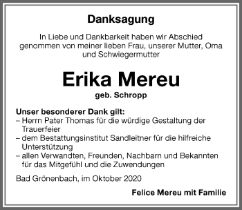 Traueranzeige von Erika Mereu von Memminger Zeitung