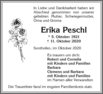 Traueranzeige von Erika Peschl von Allgäuer Anzeigeblatt