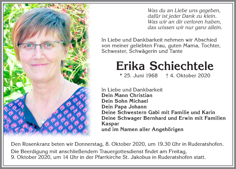  Traueranzeige für Erika Schiechtele vom 07.10.2020 aus Allgäuer Zeitung, Marktoberdorf