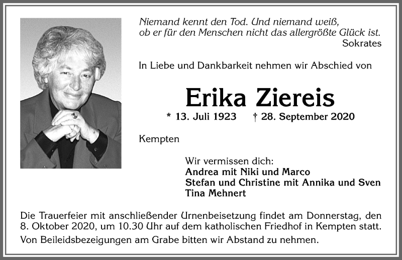  Traueranzeige für Erika Ziereis vom 02.10.2020 aus Allgäuer Zeitung,Kempten