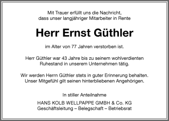 Traueranzeige von Ernst Güthler von Memminger Zeitung