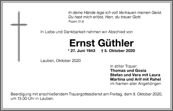 Traueranzeige von Ernst Güthler von Memminger Zeitung