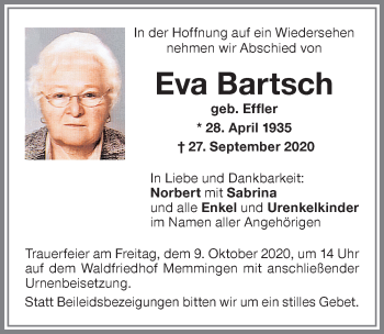 Traueranzeige von Eva Bartsch von Memminger Zeitung