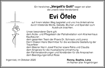 Traueranzeige von Evi Öfele von Allgäuer Zeitung, Füssen