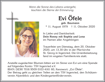 Traueranzeige von Evi Öfele von Allgäuer Zeitung, Füssen