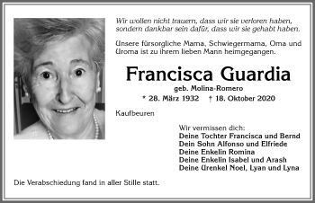 Traueranzeige von Francisca Guardia von Allgäuer Zeitung, Kaufbeuren/Buchloe