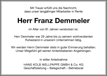 Traueranzeige von Franz Demmeler von Memminger Zeitung