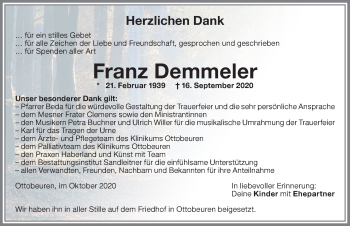 Traueranzeige von Franz Demmeler von Memminger Zeitung