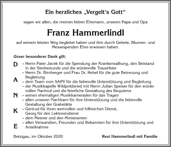 Traueranzeige von Franz Hammerlindl von Allgäuer Zeitung,Kempten