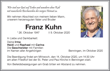 Traueranzeige von Franz Kuhn von Memminger Zeitung