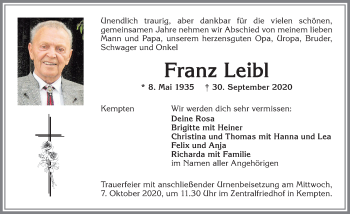 Traueranzeige von Franz Leibl von Allgäuer Zeitung,Kempten