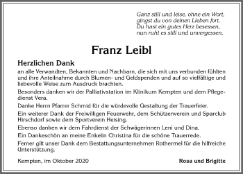 Traueranzeige von Franz Leibl von Allgäuer Zeitung,Kempten
