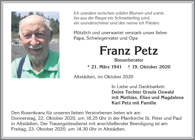  Traueranzeige für Franz Petz vom 21.10.2020 aus Allgäuer Anzeigeblatt