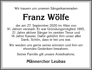 Traueranzeige von Franz Wölfe von Allgäuer Zeitung,Kempten