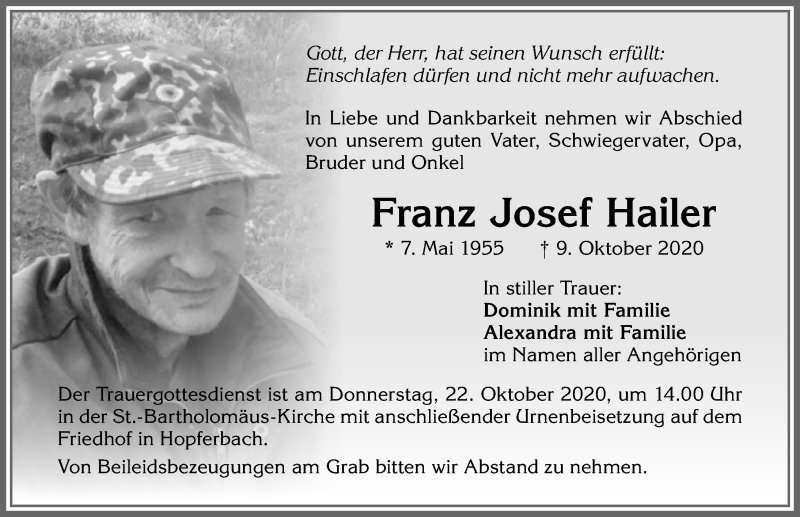  Traueranzeige für Franz Josef Hailer vom 17.10.2020 aus Allgäuer Zeitung